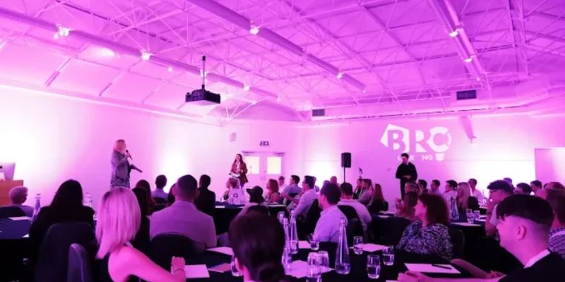 Audience at a leadership development or coaching event, with a speaker on stage, representing the community or typical settings for coaching.